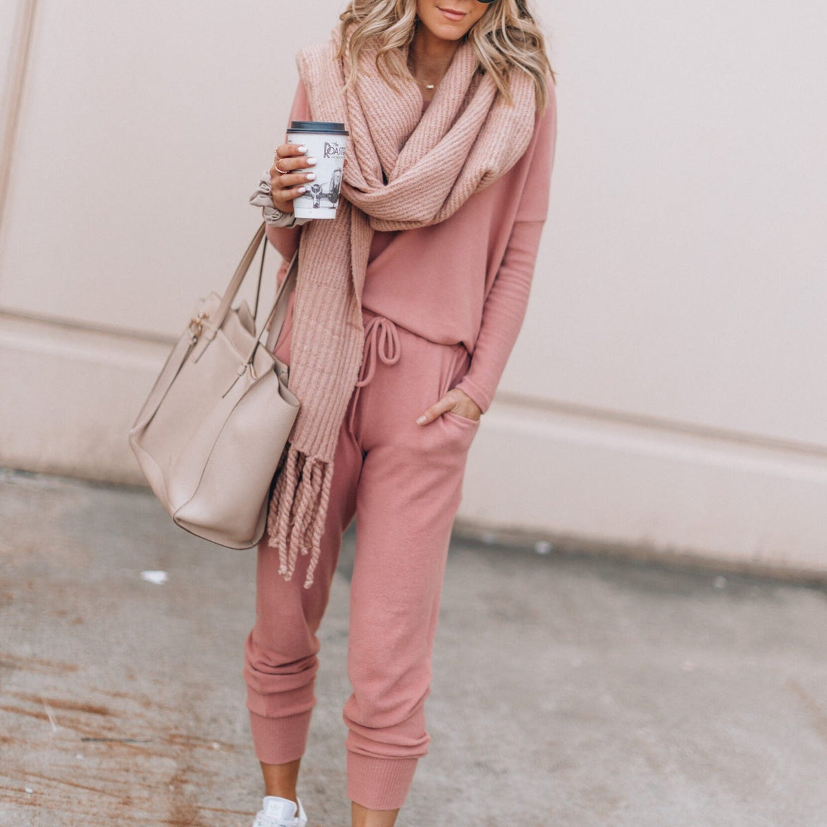 Women's Matching Lounge Set | Crew Neck Long Sleeve Knit Tapered