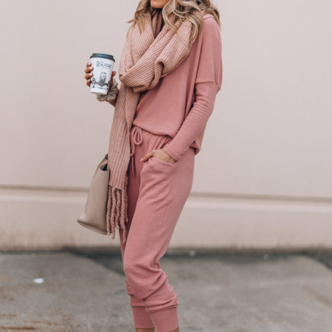 Women's Matching Lounge Set | Crew Neck Long Sleeve Knit Tapered