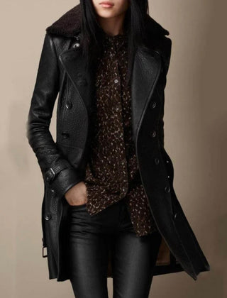 Women's Leather Coat | Midi Length Double Breasted Collar