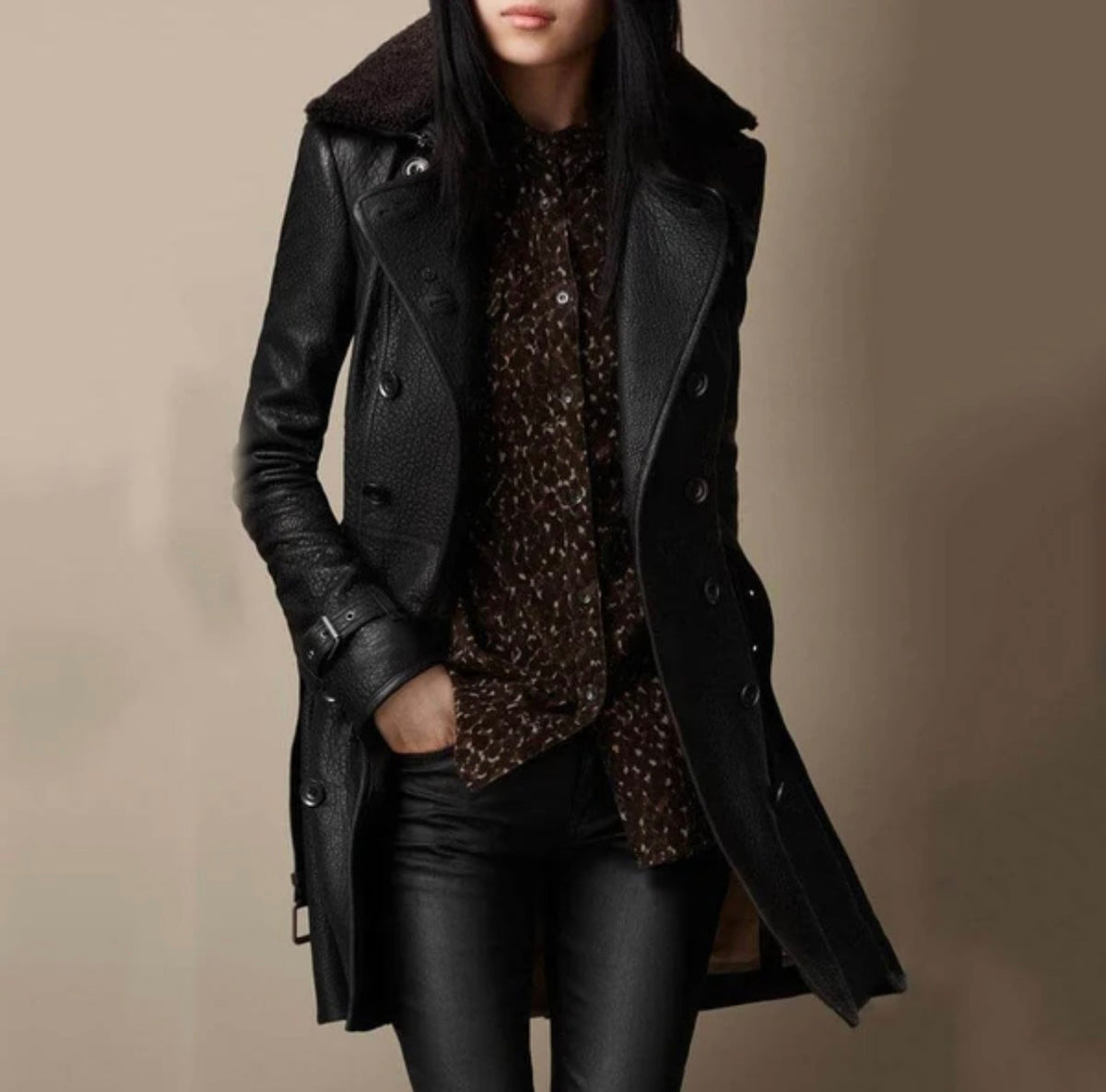 Women's Leather Coat | Midi Length Double Breasted Collar