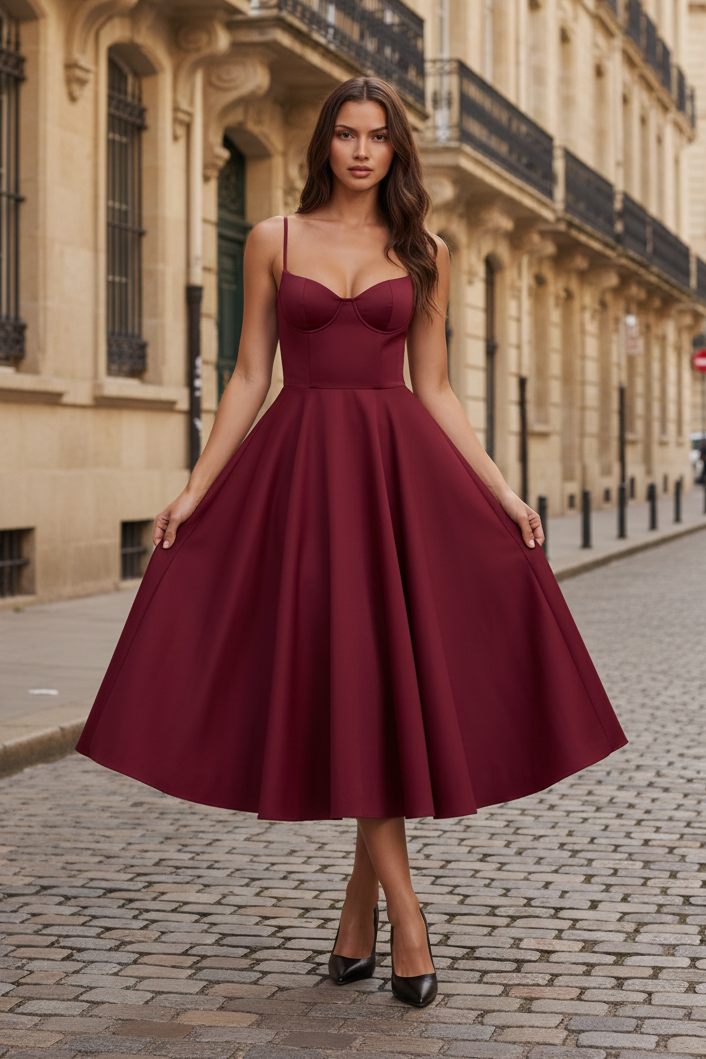 Women's Christmas Dress | Midi Length Sweetheart Neckline Spaghetti Strap