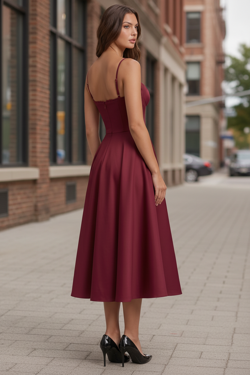 Women's Christmas Dress | Midi Length Sweetheart Neckline Spaghetti Strap