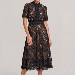 Women's Mother Of The Bride Dress | Midi High Neck Short Sleeve Lace