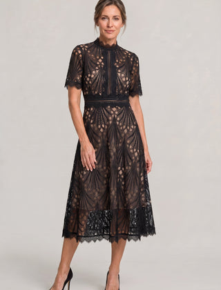 Women's Mother Of The Bride Dress | Midi High Neck Short Sleeve Lace
