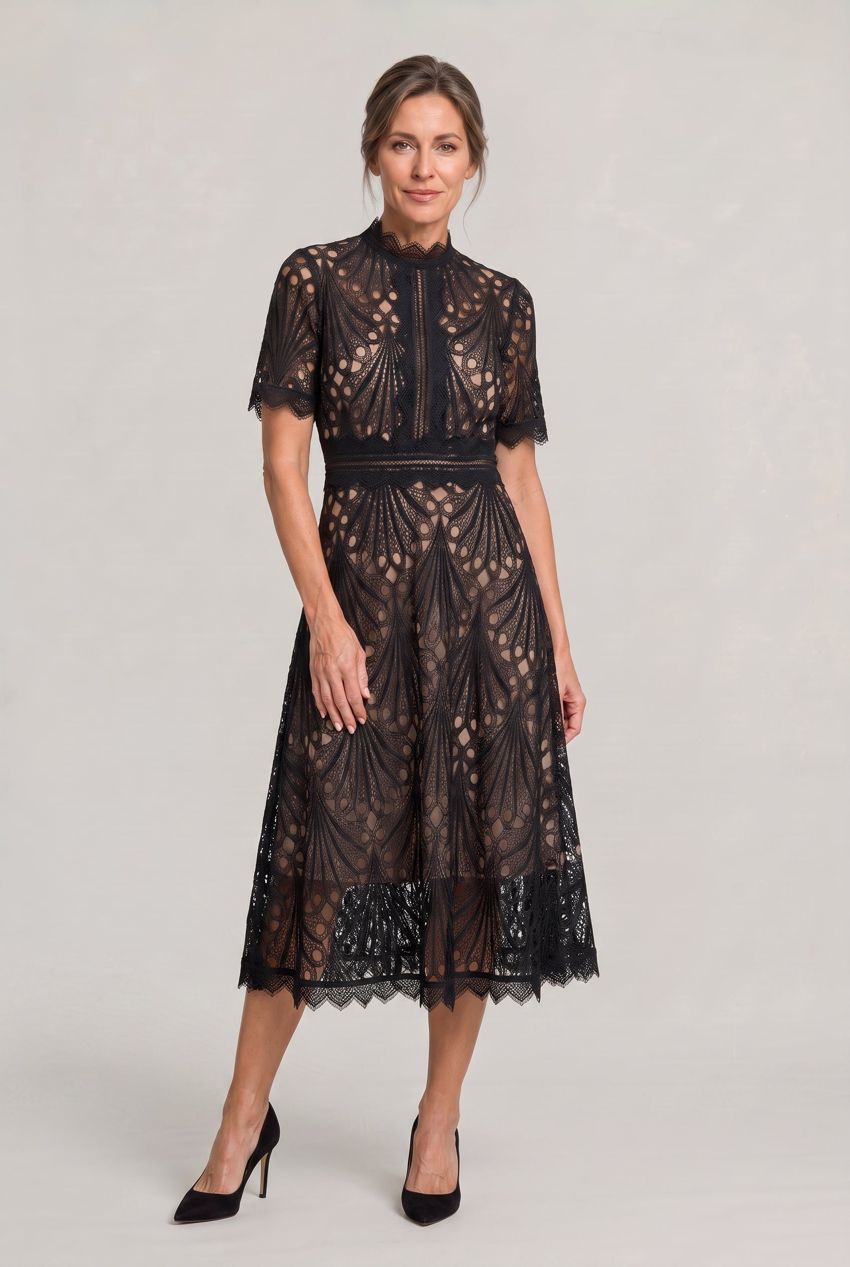 Women's Mother Of The Bride Dress | Midi High Neck Short Sleeve Lace