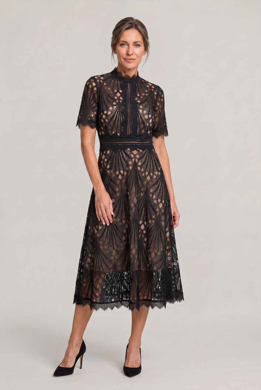 Women's Mother Of The Bride Dress | Midi High Neck Short Sleeve Lace