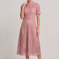 Women's Mother Of The Bride Dress | Midi High Neck Short Sleeve Lace