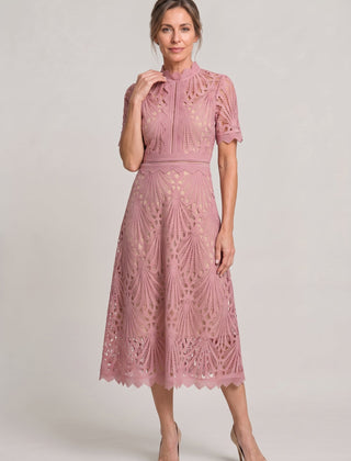 Women's Mother Of The Bride Dress | Midi High Neck Short Sleeve Lace