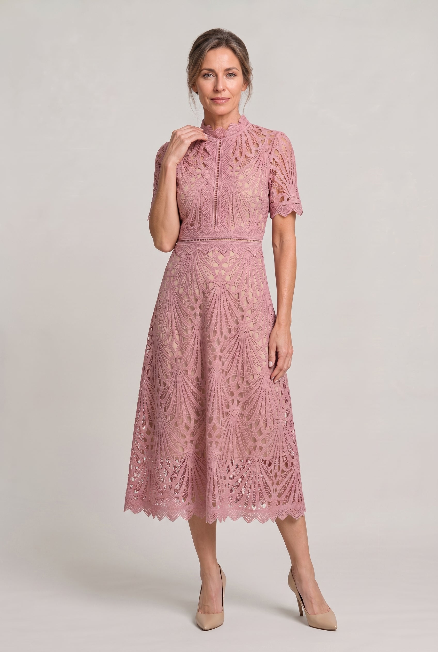 Women's Mother Of The Bride Dress | Midi High Neck Short Sleeve Lace