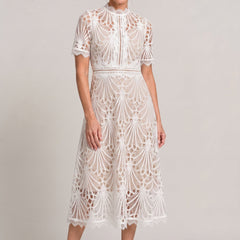 Women's Mother Of The Bride Dress | Midi High Neck Short Sleeve Lace
