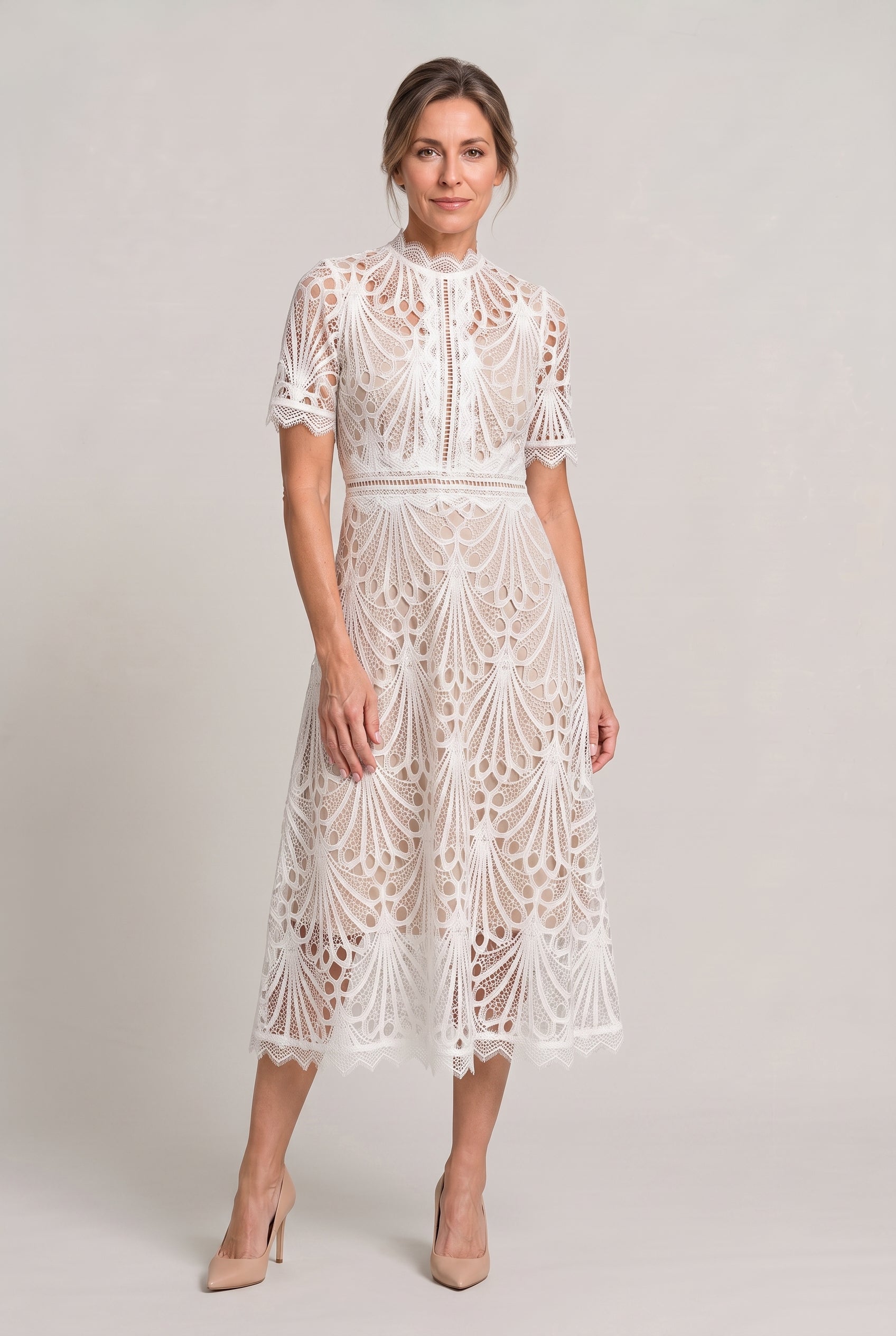 Women's Mother Of The Bride Dress | Midi High Neck Short Sleeve Lace