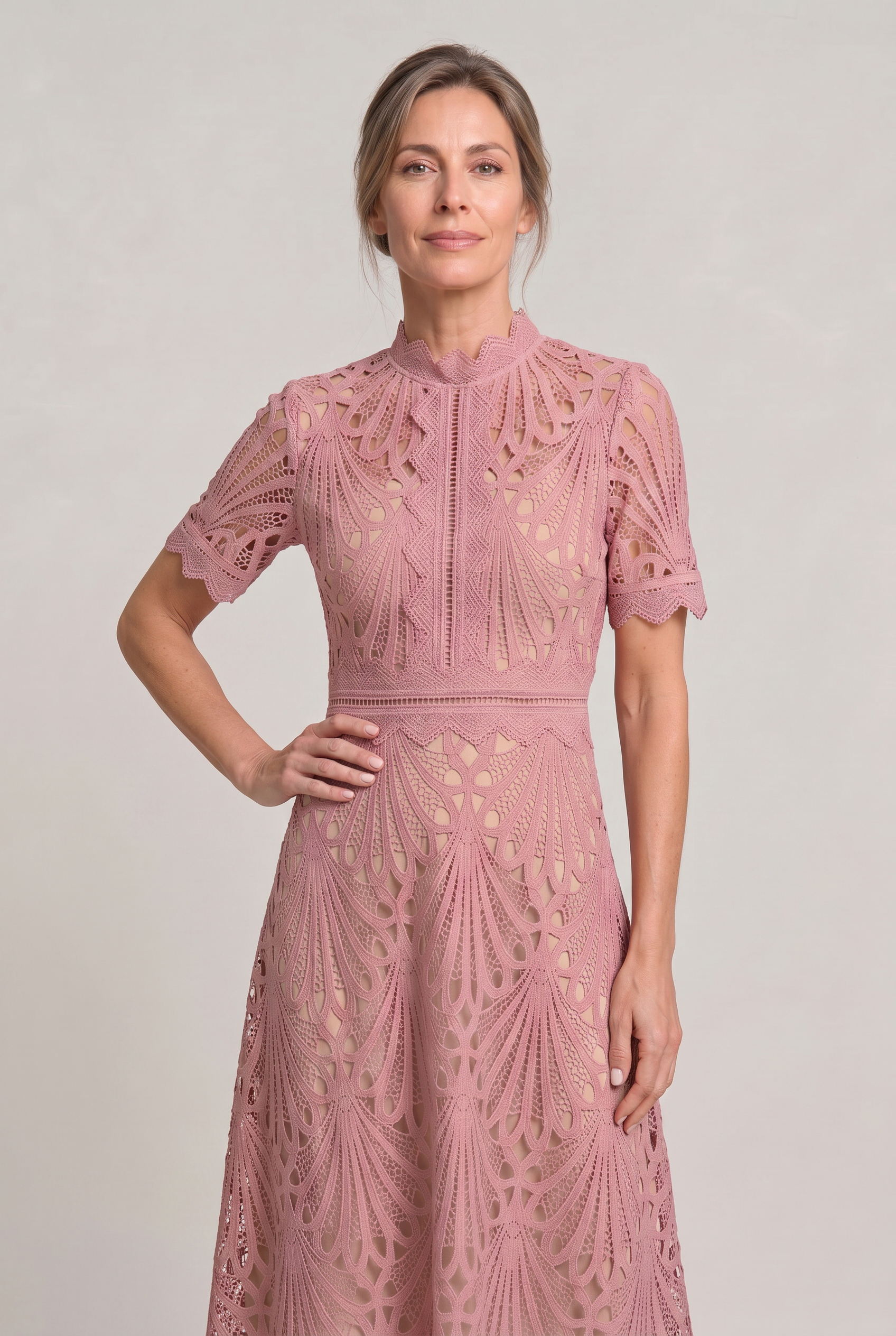 Women's Mother Of The Bride Dress | Midi High Neck Short Sleeve Lace