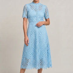 Women's Mother Of The Bride Dress | Midi High Neck Short Sleeve Lace