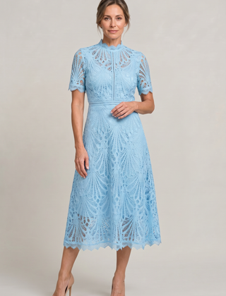 Women's Mother Of The Bride Dress | Midi High Neck Short Sleeve Lace