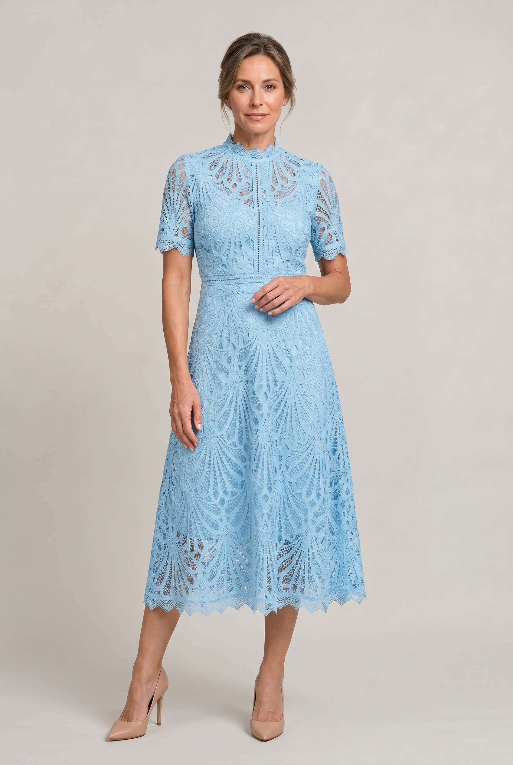 Women's Mother Of The Bride Dress | Midi High Neck Short Sleeve Lace