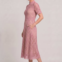 Women's Mother Of The Bride Dress | Midi High Neck Short Sleeve Lace