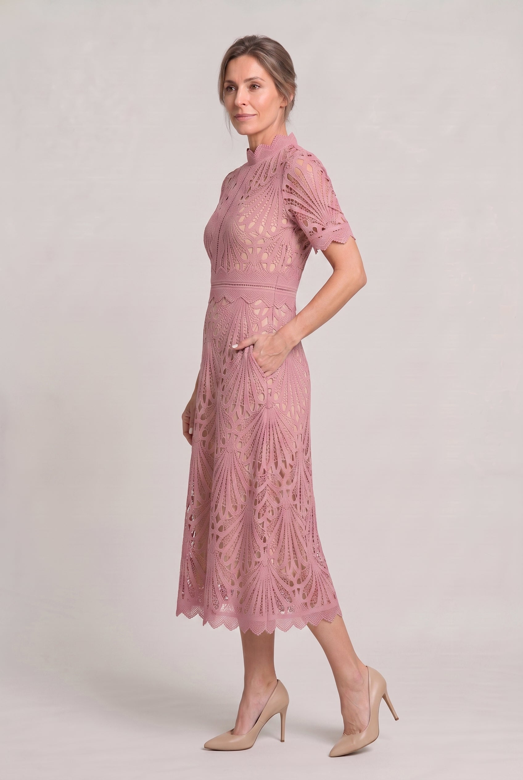 Women's Mother Of The Bride Dress | Midi High Neck Short Sleeve Lace