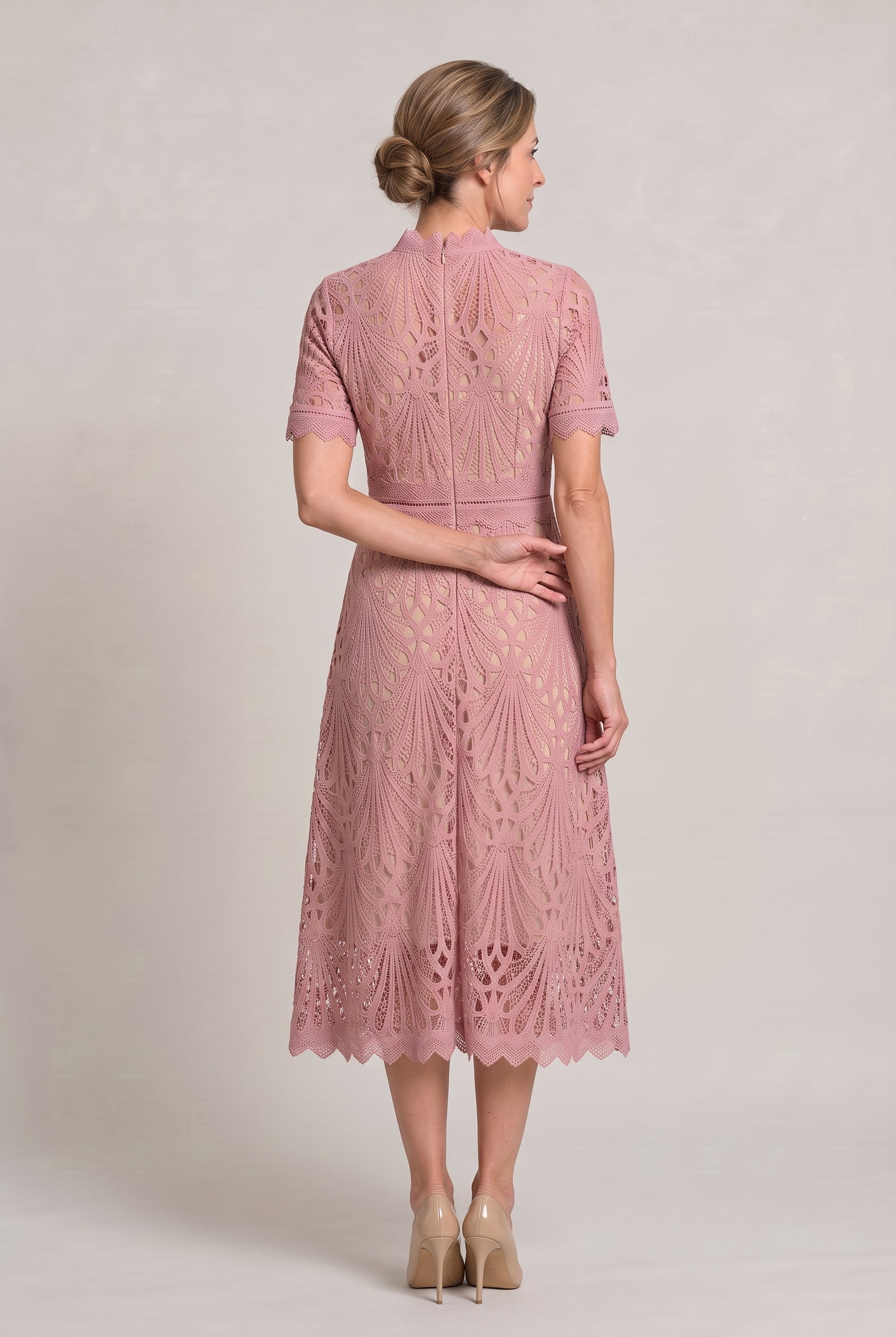 Women's Mother Of The Bride Dress | Midi High Neck Short Sleeve Lace