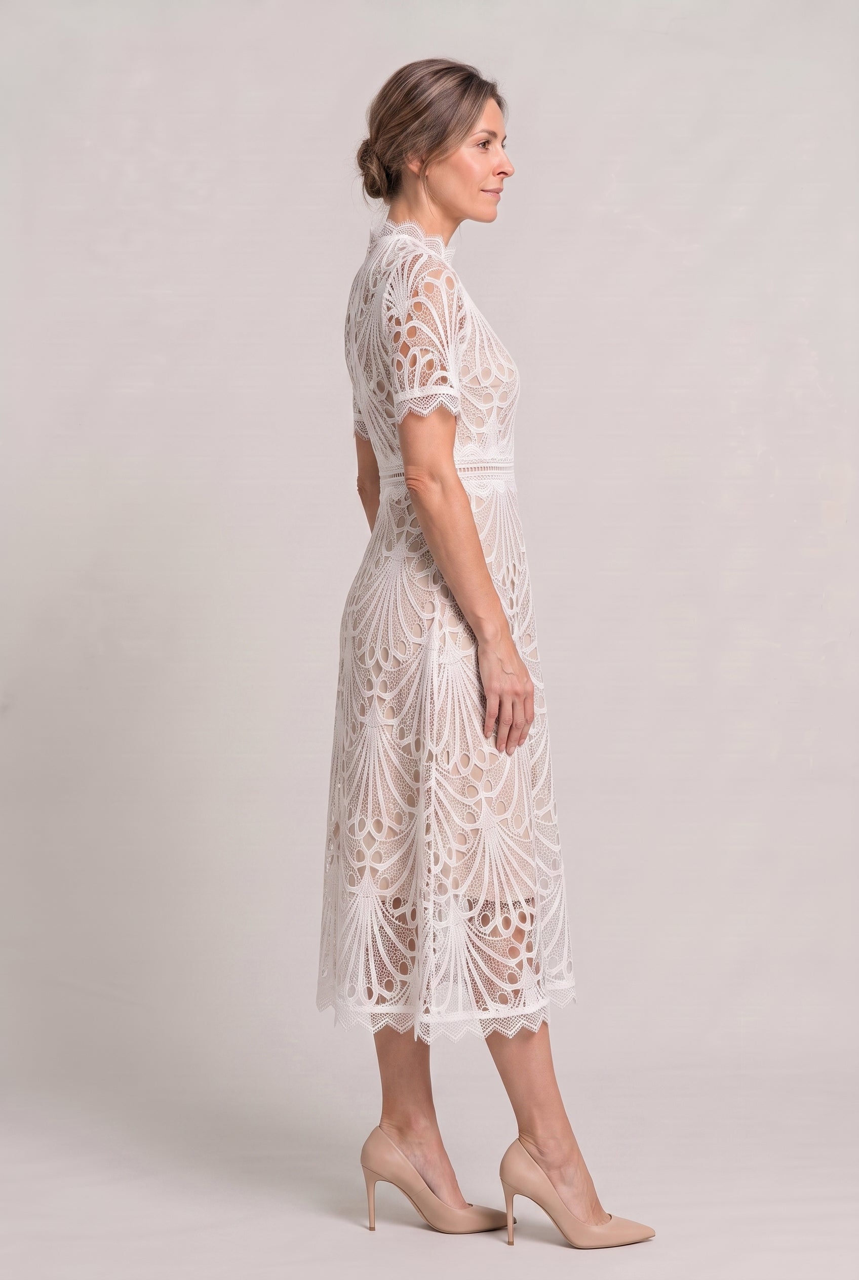 Women's Mother Of The Bride Dress | Midi High Neck Short Sleeve Lace