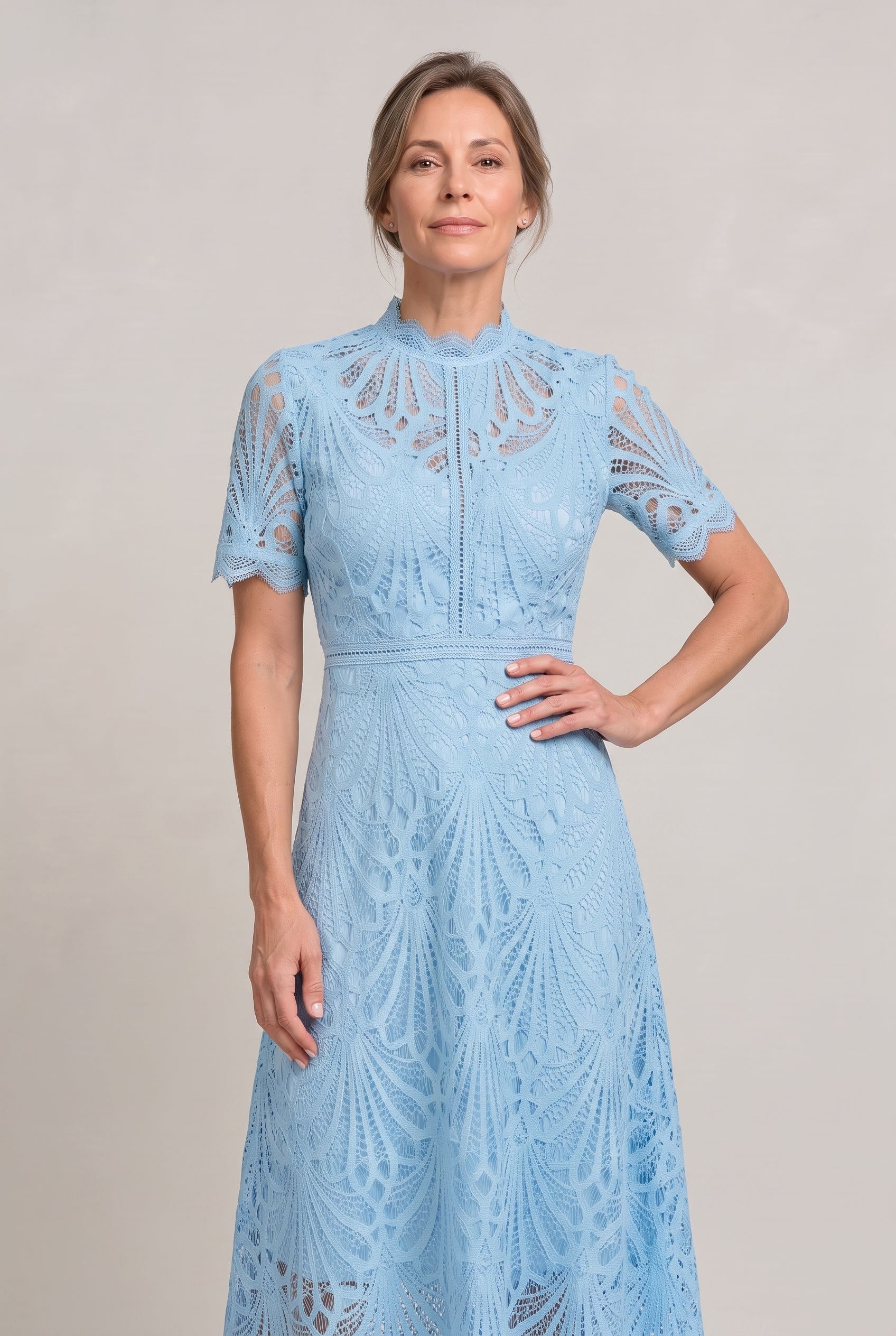 Women's Mother Of The Bride Dress | Midi High Neck Short Sleeve Lace