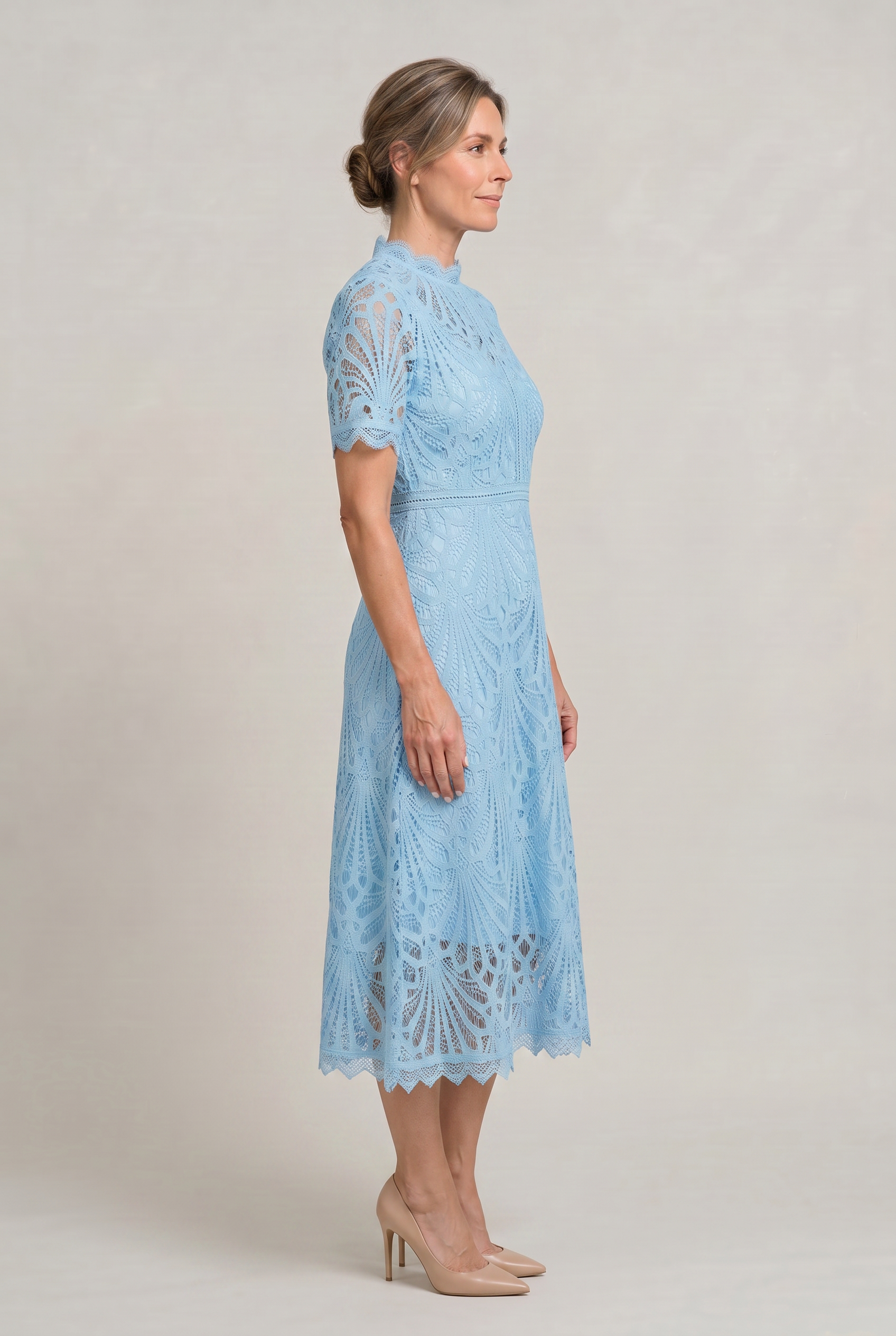 Women's Mother Of The Bride Dress | Midi High Neck Short Sleeve Lace