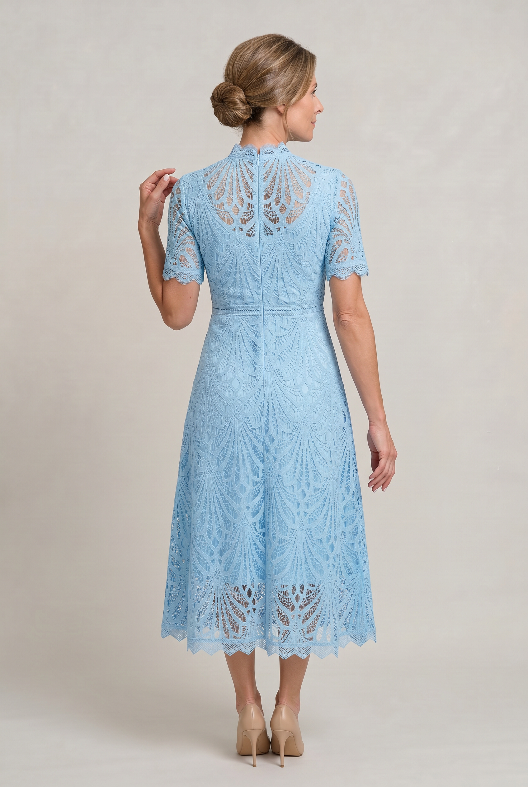 Women's Mother Of The Bride Dress | Midi High Neck Short Sleeve Lace