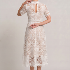 Women's Mother Of The Bride Dress | Midi High Neck Short Sleeve Lace