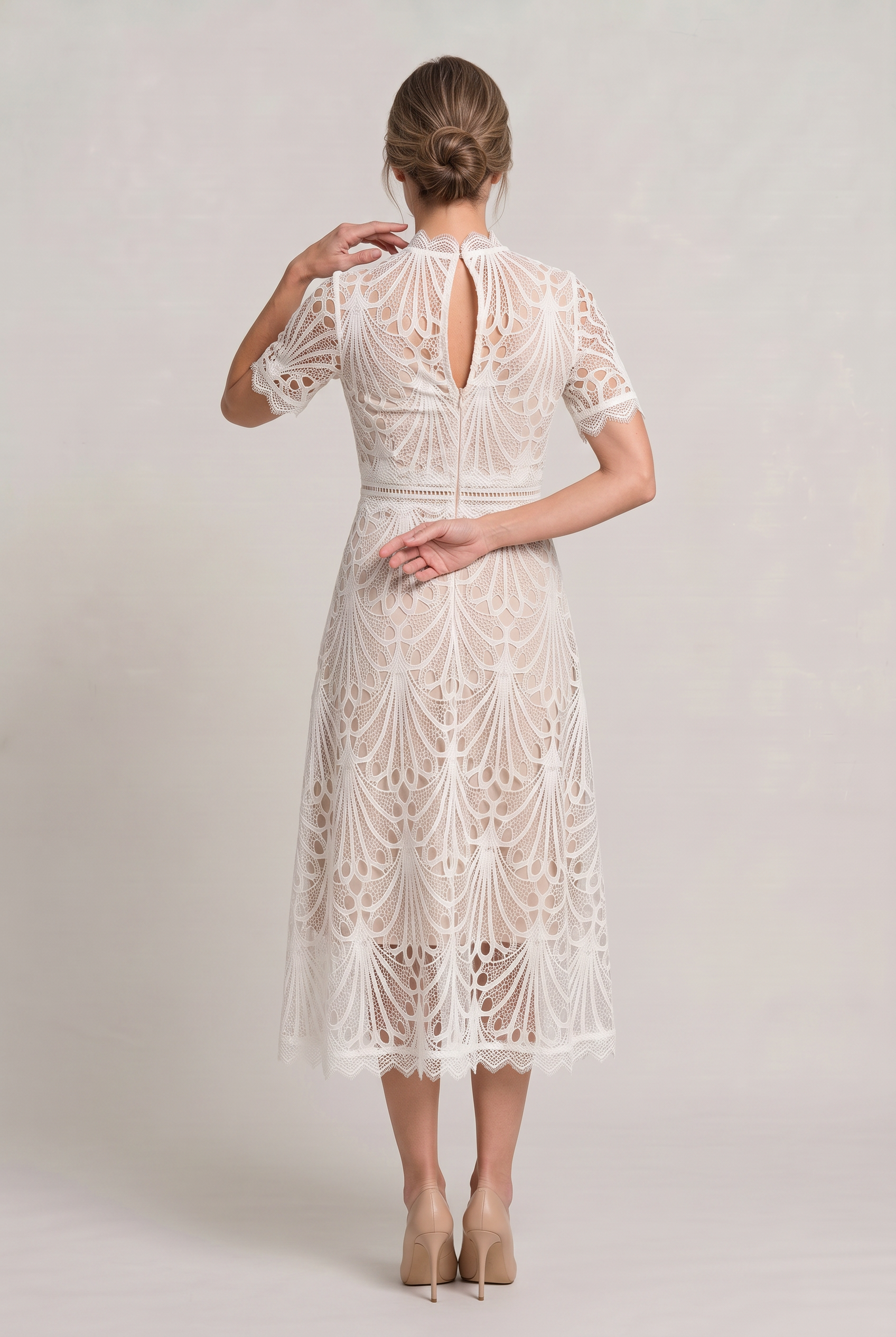Women's Mother Of The Bride Dress | Midi High Neck Short Sleeve Lace