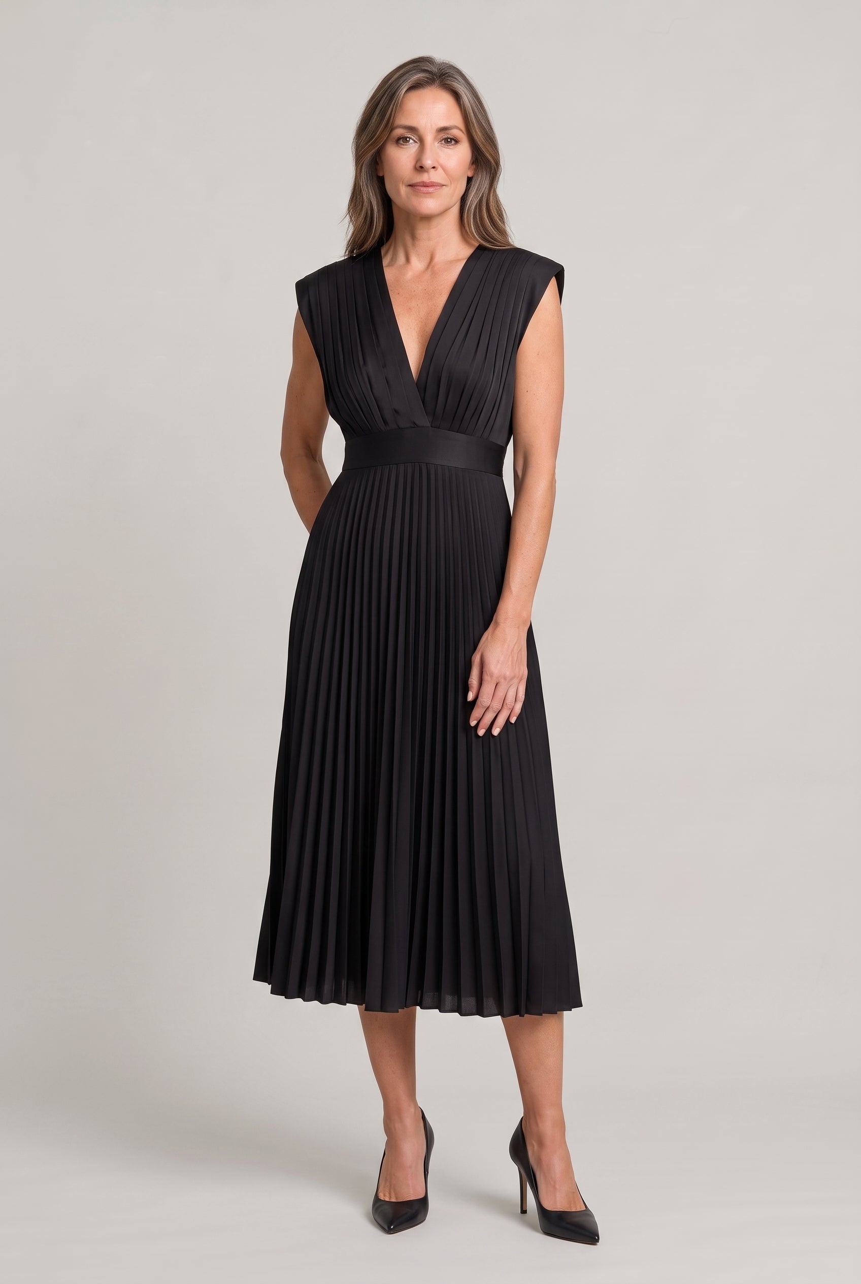 Women's Wedding Guest Dress | Midi Pleated V-Neck Sleeveless