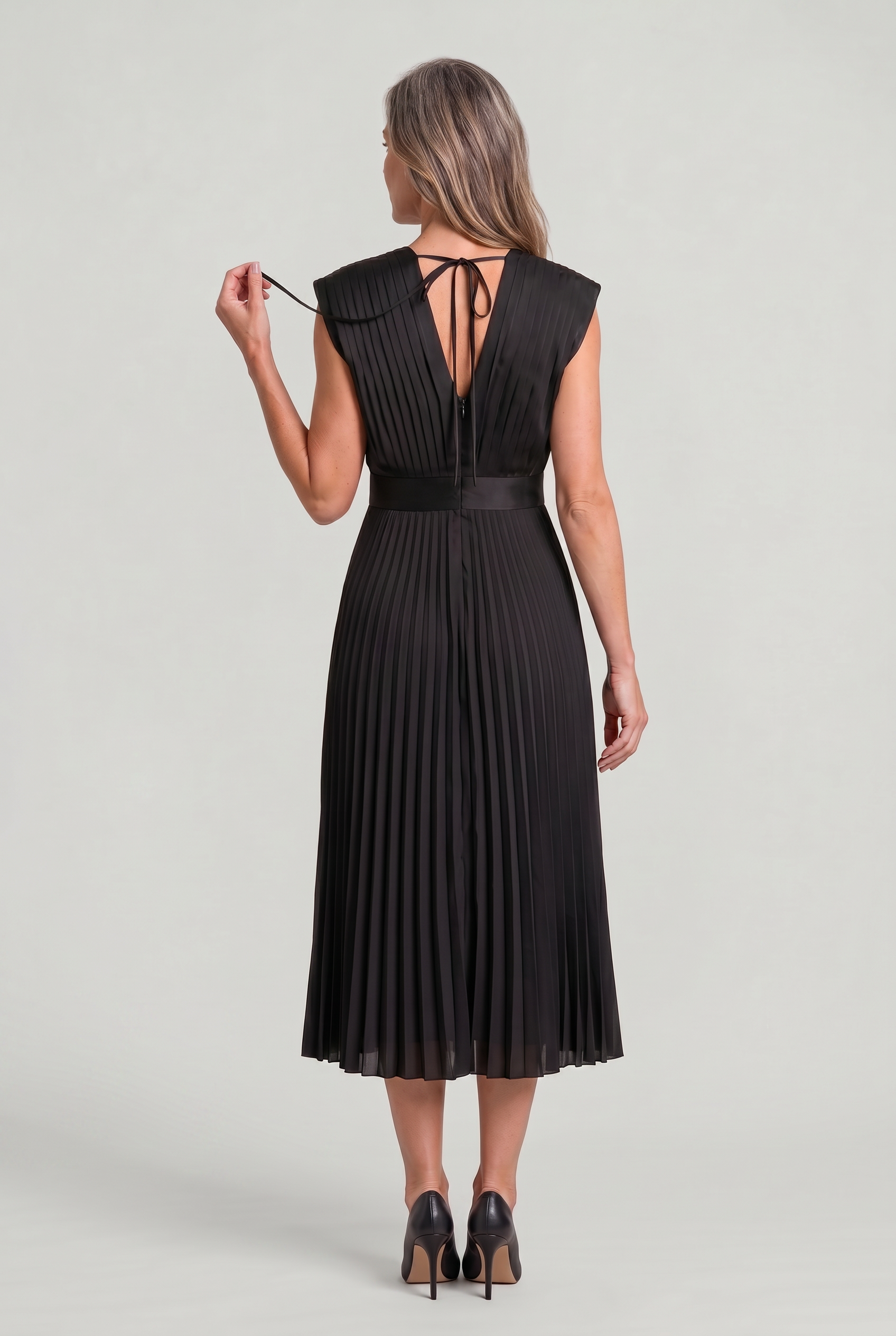 Women's Wedding Guest Dress | Midi Pleated V-Neck Sleeveless