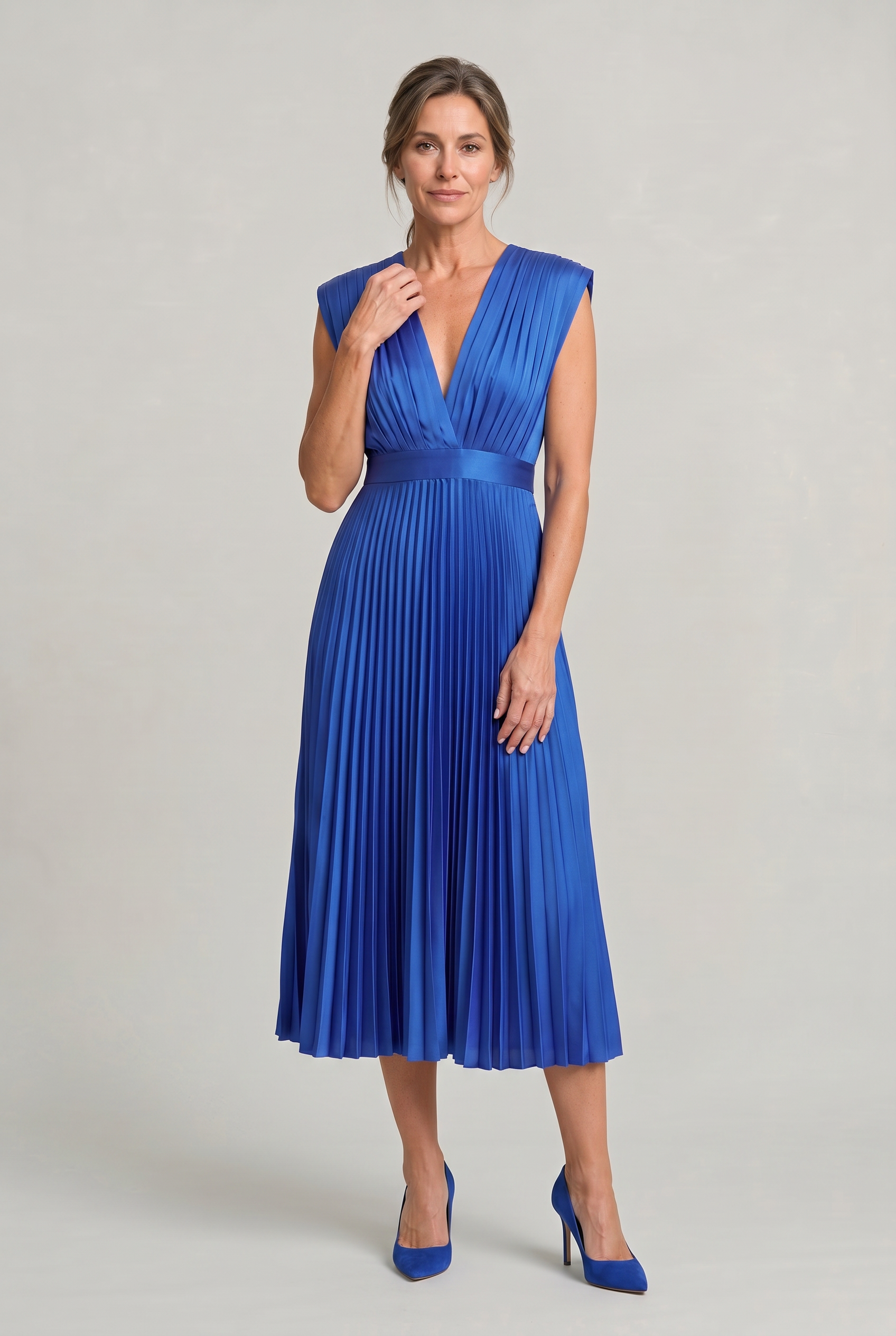 Women's Wedding Guest Dress | Midi Pleated V-Neck Sleeveless