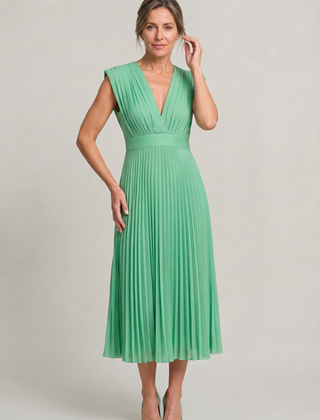 Women's Wedding Guest Dress | Midi Pleated V-Neck Sleeveless