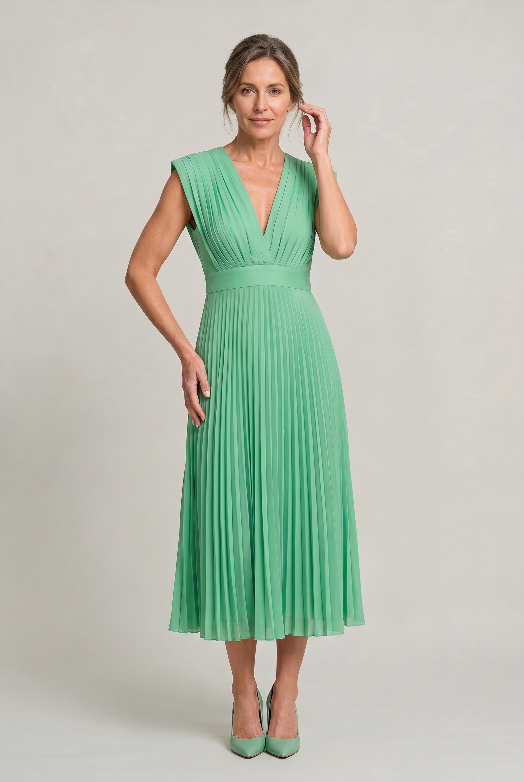 Women's Wedding Guest Dress | Midi Pleated V-Neck Sleeveless