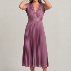 Women's Wedding Guest Dress | Midi Pleated V-Neck Sleeveless