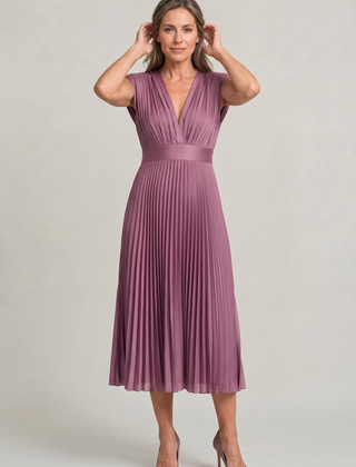 Women's Wedding Guest Dress | Midi Pleated V-Neck Sleeveless