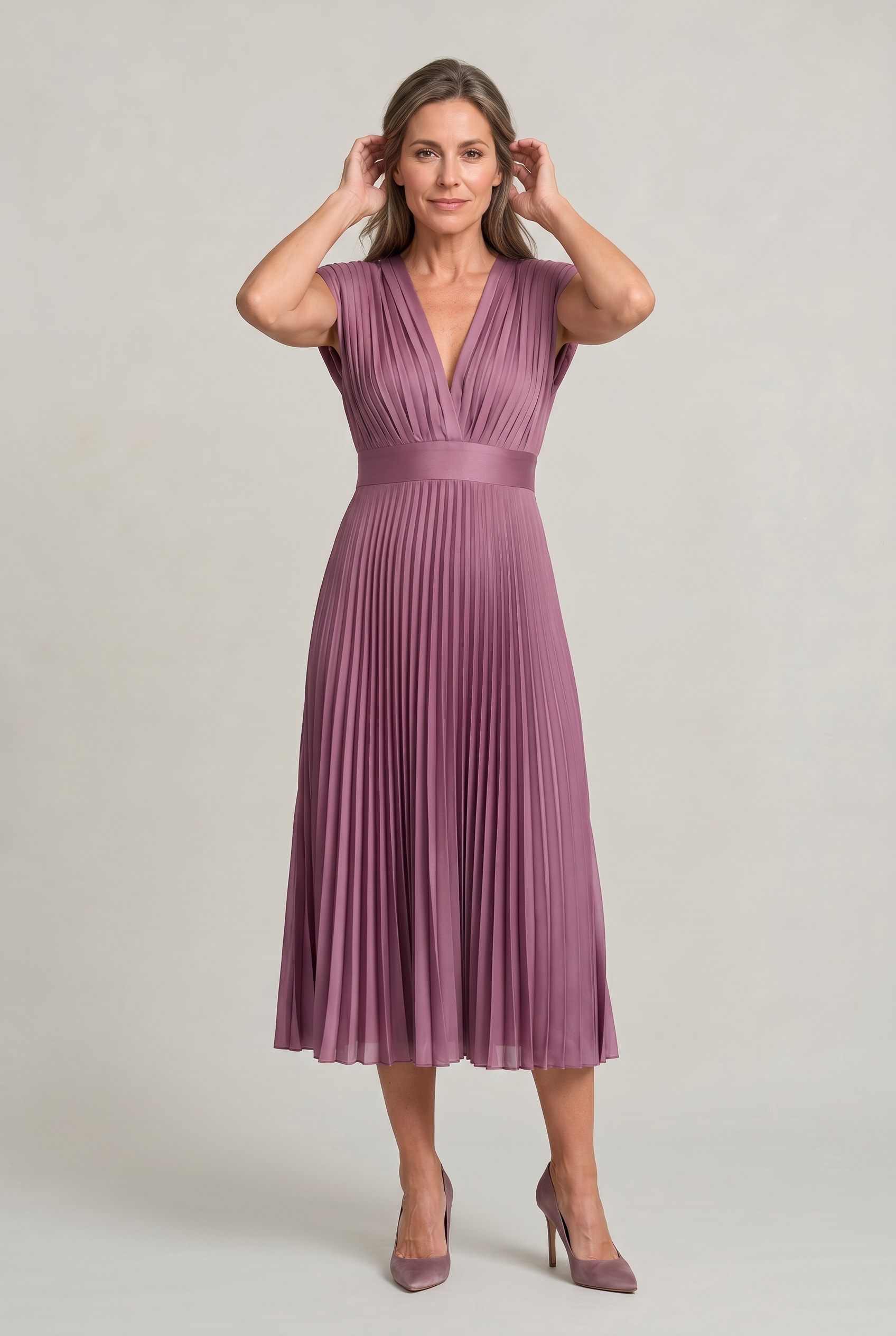 Women's Wedding Guest Dress | Midi Pleated V-Neck Sleeveless