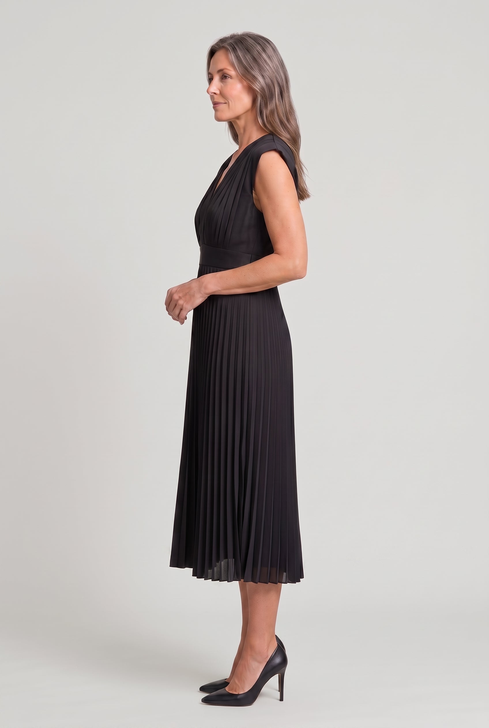Women's Wedding Guest Dress | Midi Pleated V-Neck Sleeveless