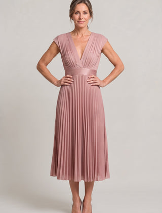 Women's Wedding Guest Dress | Midi Pleated V-Neck Sleeveless
