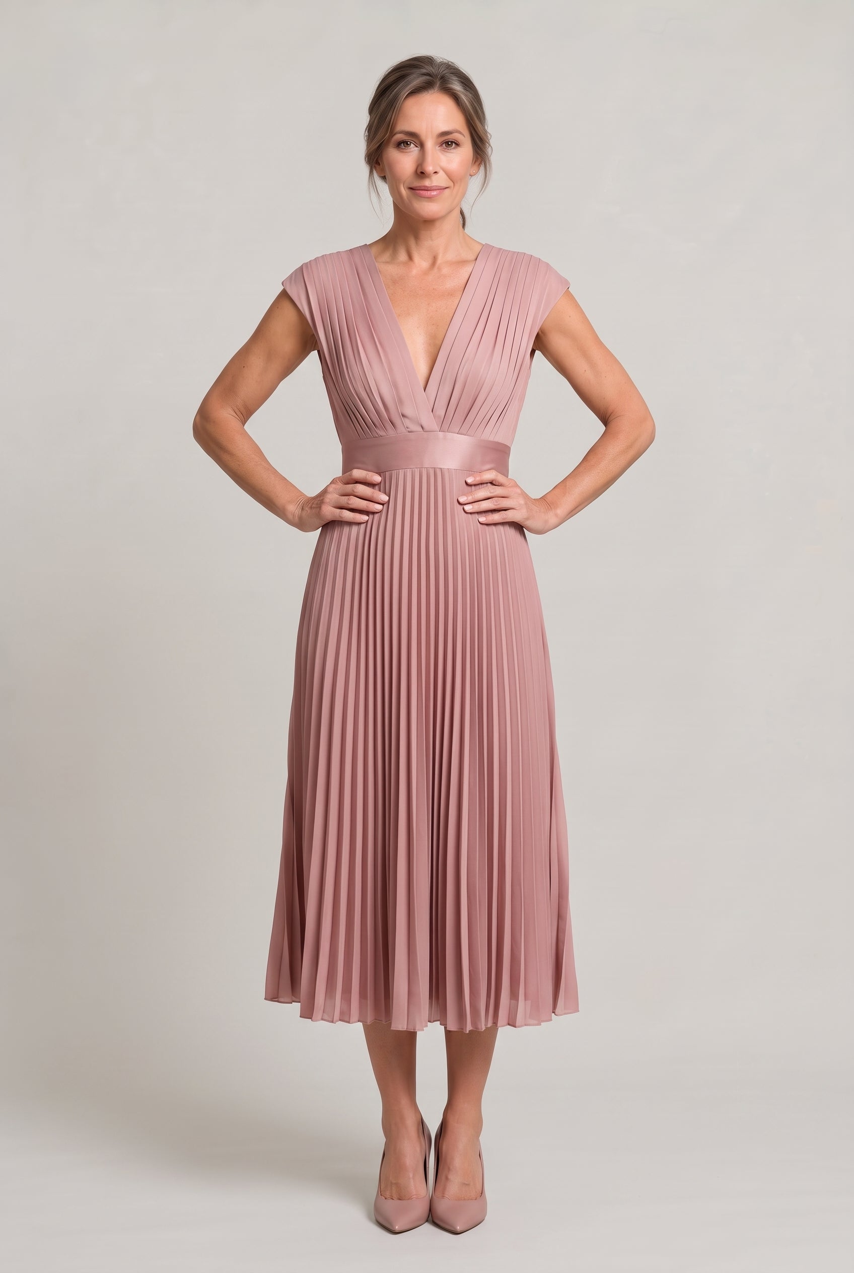 Women's Wedding Guest Dress | Midi Pleated V-Neck Sleeveless
