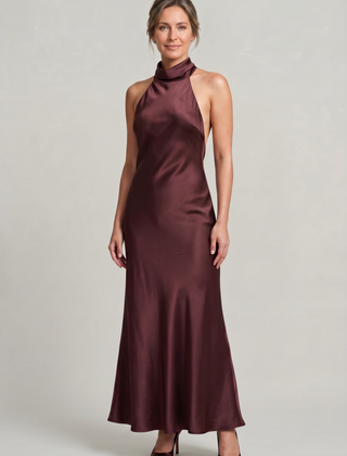 Women's Formal Evening Gown | Halter Neck Open Back Maxi Satin