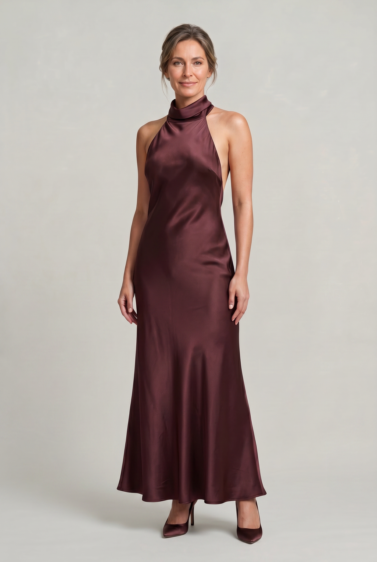 Women's Formal Evening Gown | Halter Neck Open Back Maxi Satin
