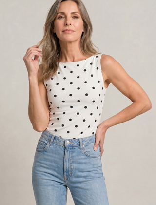 Women's Polka Dot Top | Round Neck Sleeveless Fitted Knit