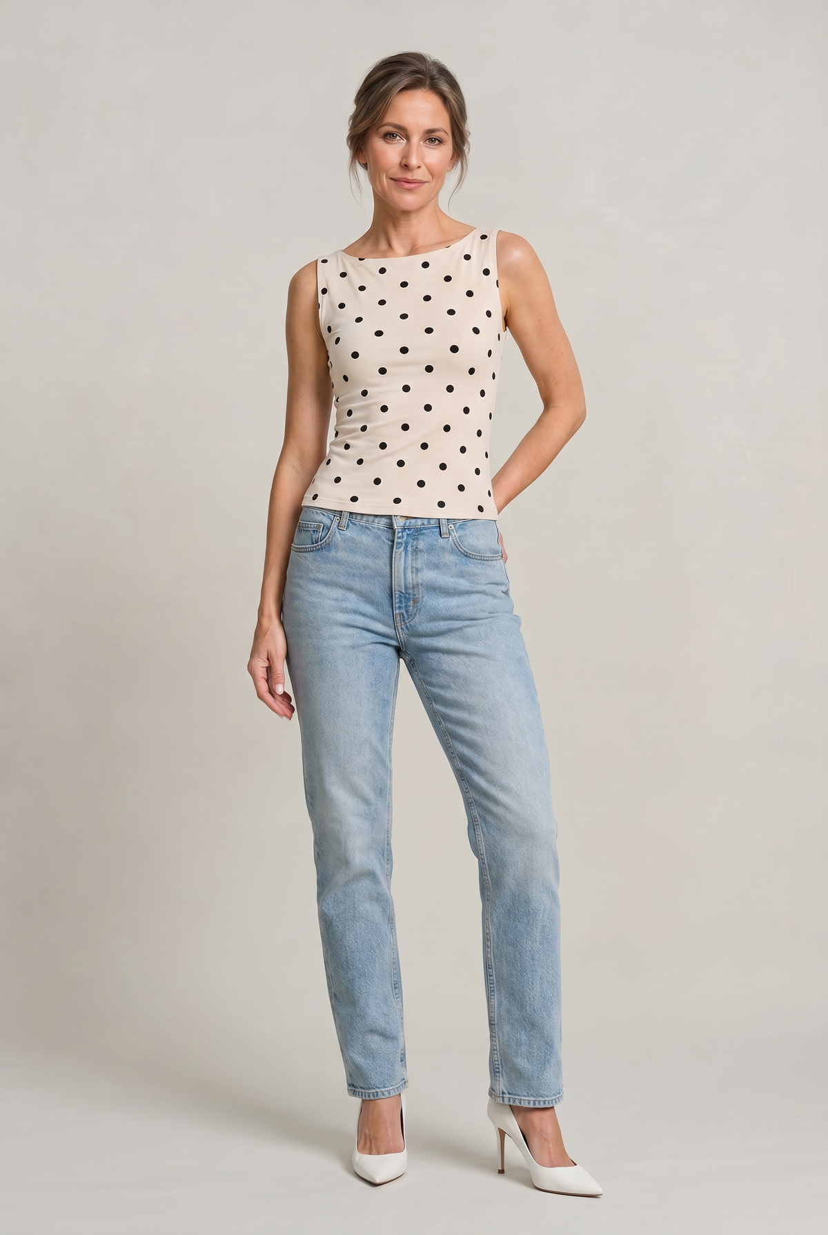 Women's Polka Dot Top | Round Neck Sleeveless Fitted Knit