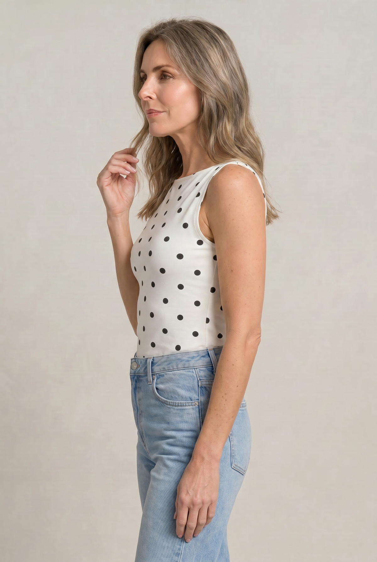 Women's Polka Dot Top | Round Neck Sleeveless Fitted Knit