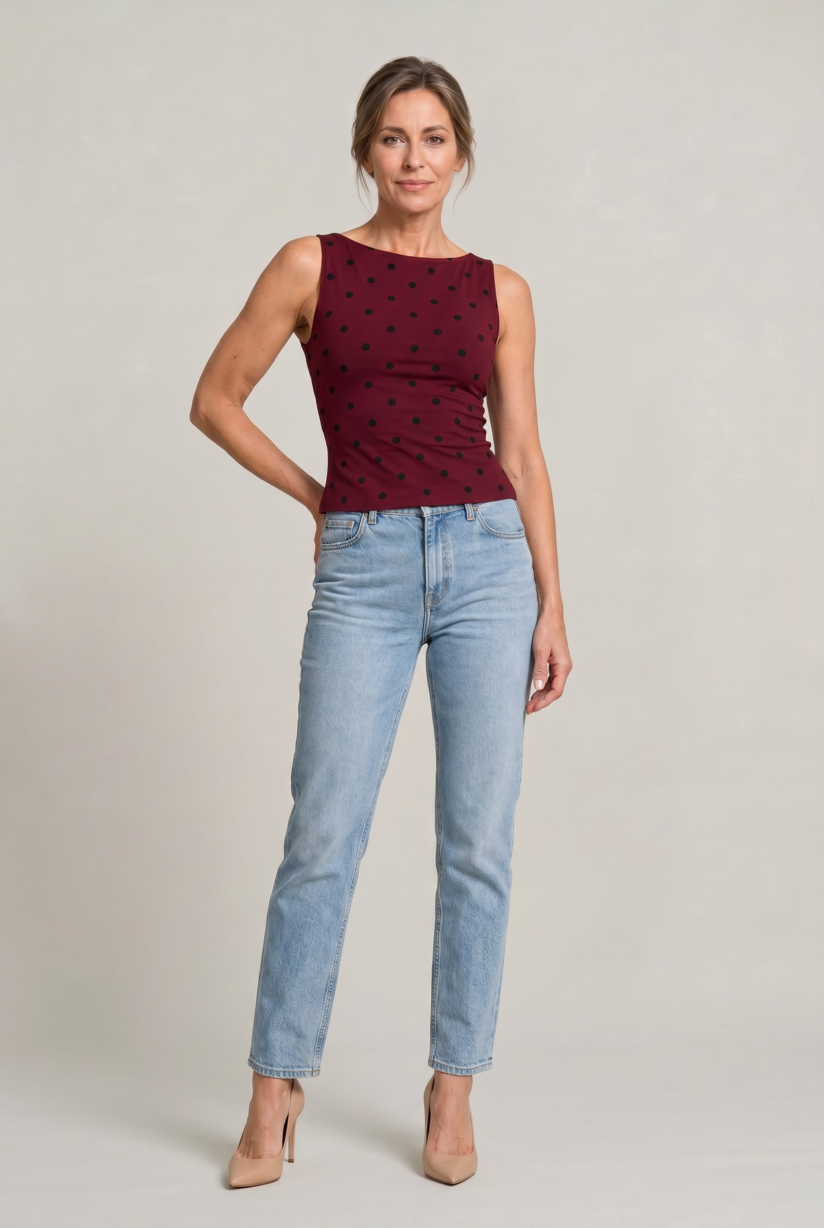Women's Polka Dot Top | Round Neck Sleeveless Fitted Knit