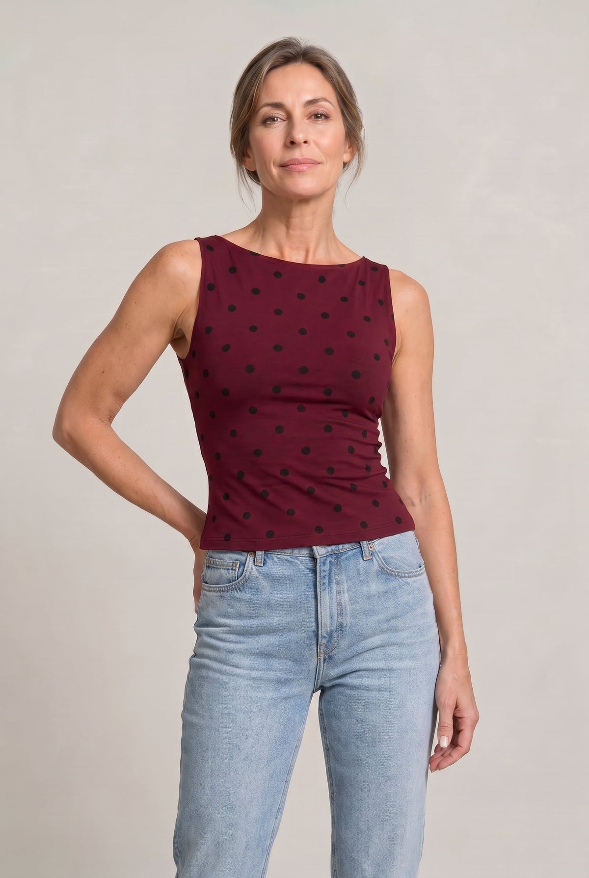 Women's Polka Dot Top | Round Neck Sleeveless Fitted Knit
