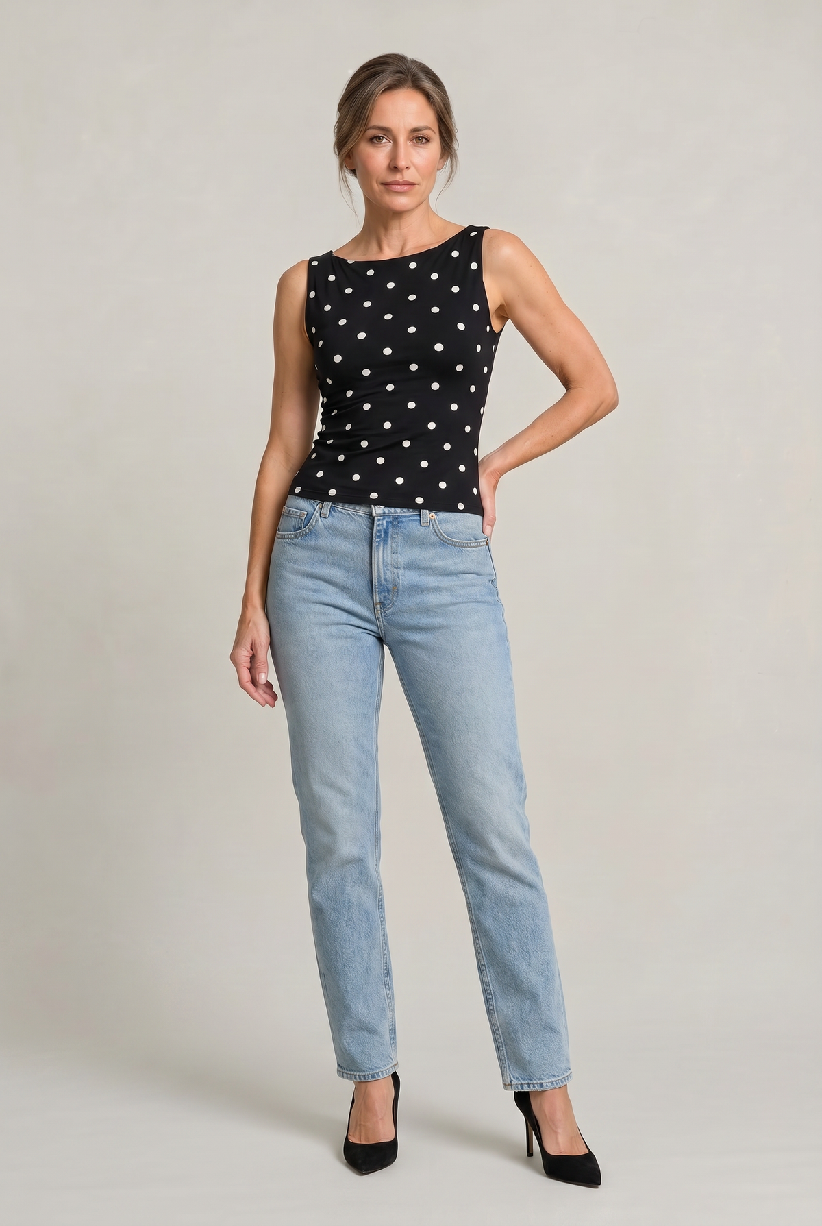 Women's Polka Dot Top | Round Neck Sleeveless Fitted Knit