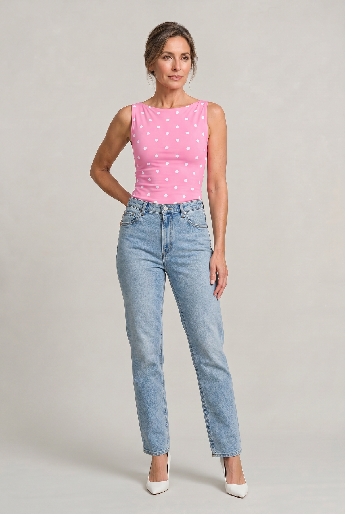 Women's Polka Dot Top | Round Neck Sleeveless Fitted Knit