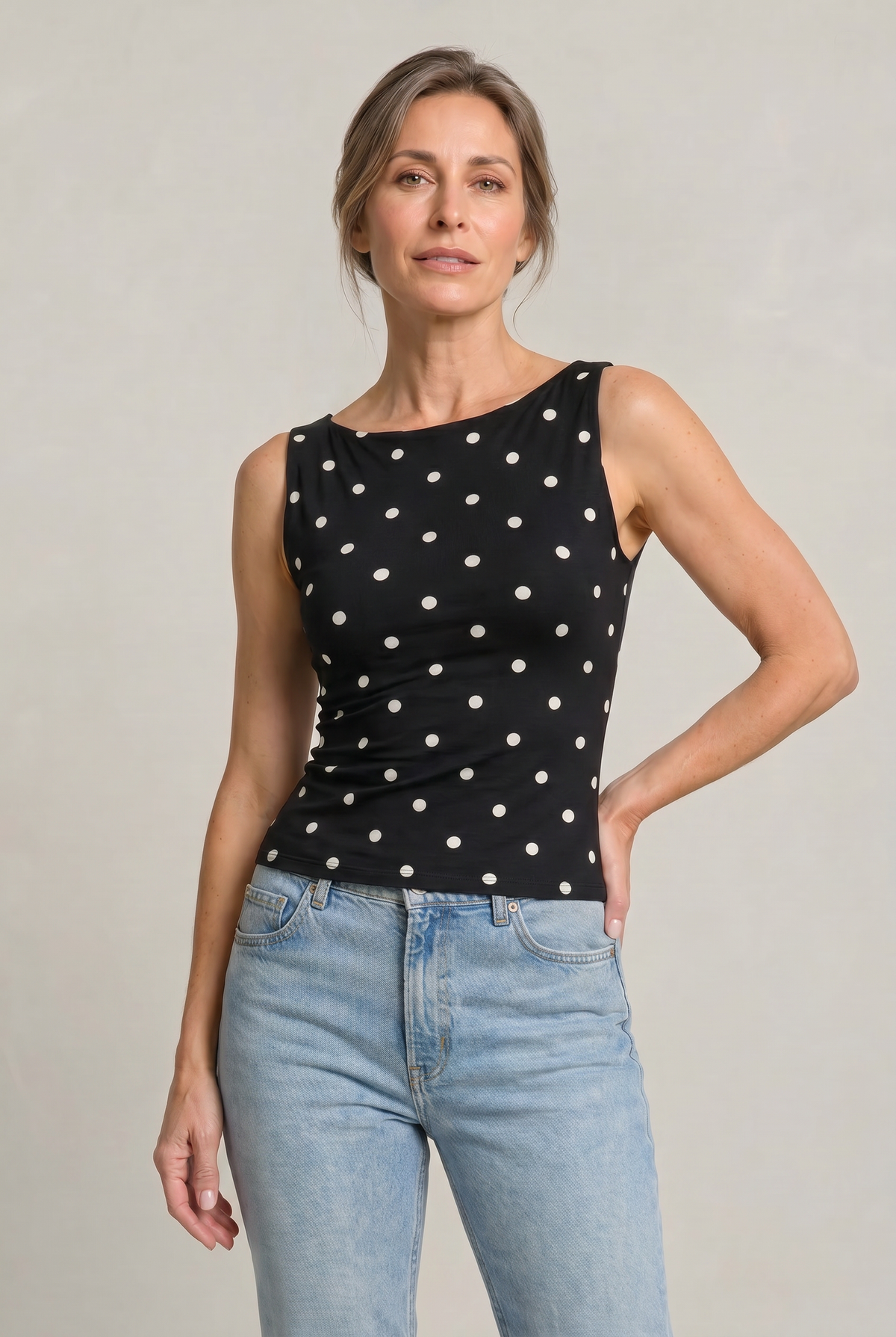 Women's Polka Dot Top | Round Neck Sleeveless Fitted Knit
