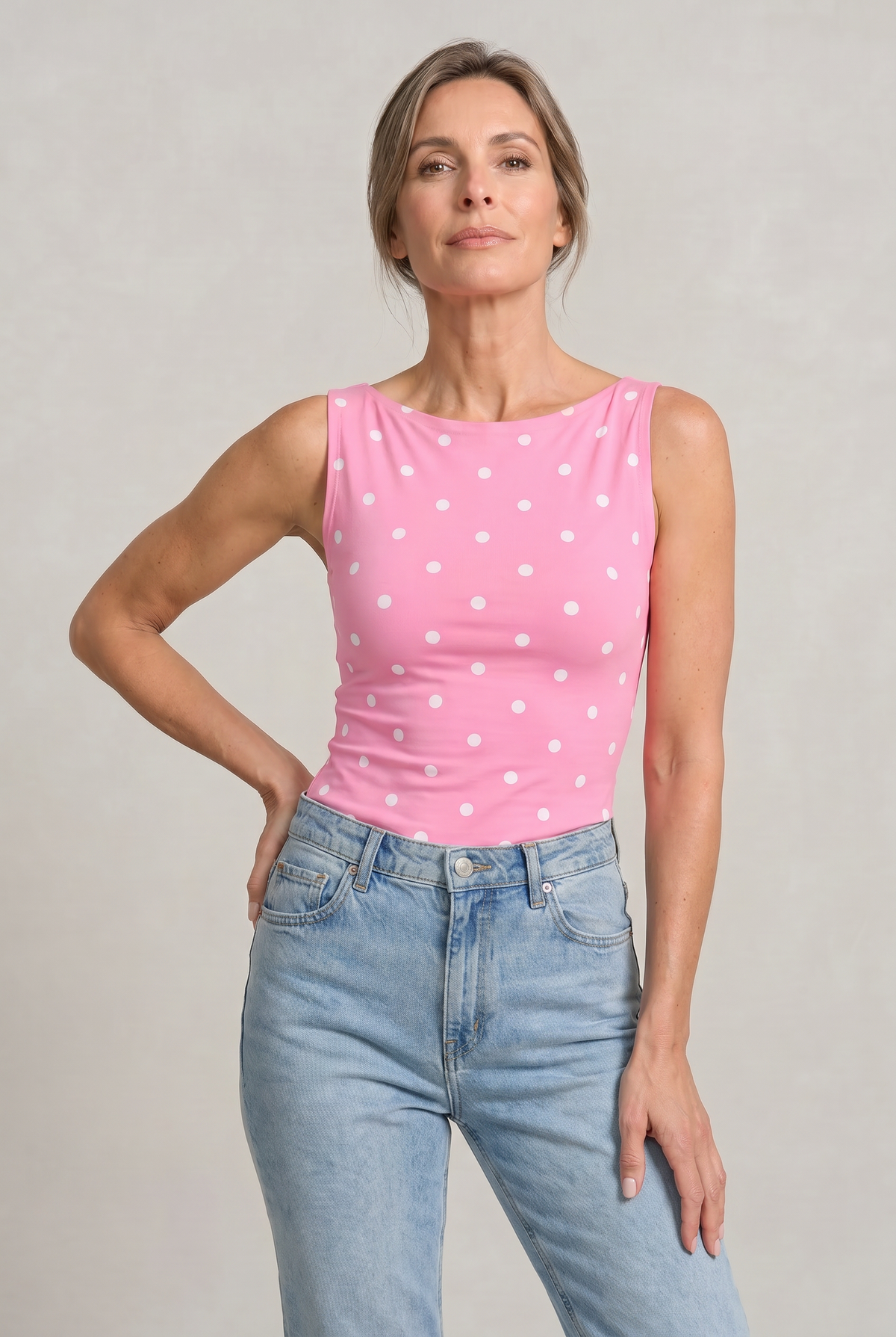 Women's Polka Dot Top | Round Neck Sleeveless Fitted Knit